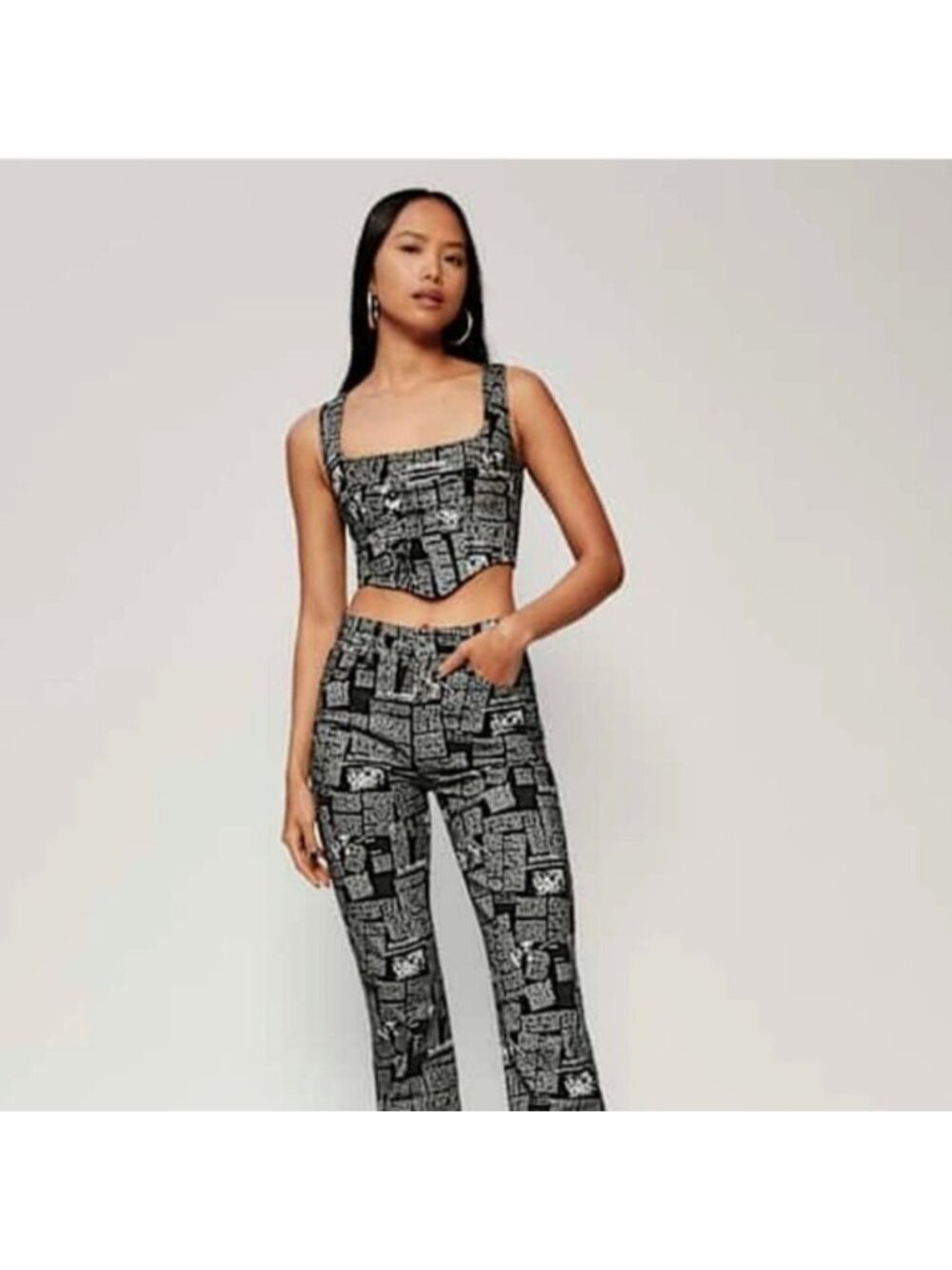 Reformation Raya Style Zine Denim Bustier Crop Top Black Newspaper Print Size 4